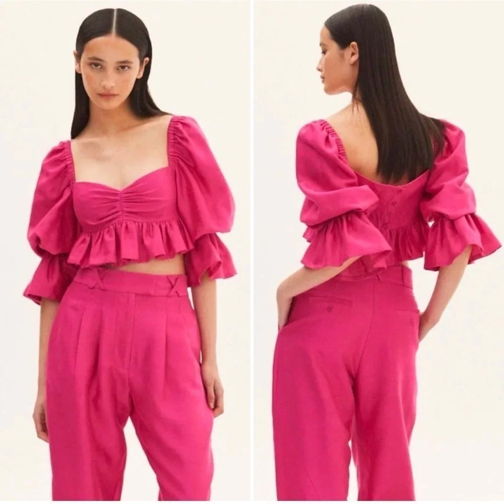 ALEMAIS Blaire Ruffle Blouson Crop Top Pink Puff Silk Cotton Size 4 NWOT